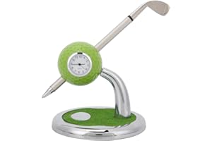 Golf Ball Pen Holder Stand with Clock and Pen, Stainless Steel Desktop Organizer, Golf Themed Desk Decor for Office Study Bed