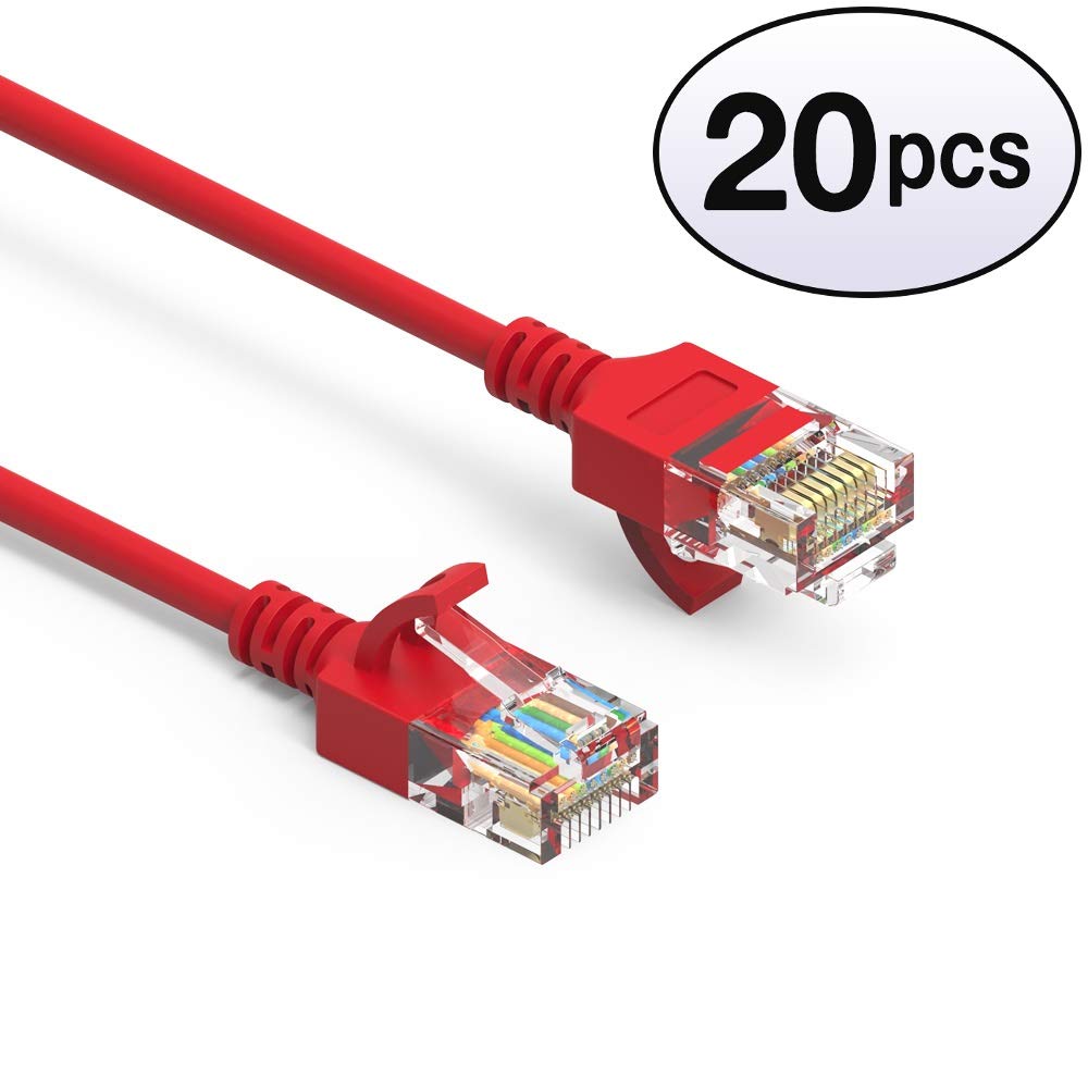 GOWOS Cat6a Slim UTP Ethernet Cable (20-Pack - 1.5 Feet) Red - 28AWG Network Cable with Gold Plated RJ45 Molded/Booted Connector - 10 Gigabit/Sec High Speed LAN Internet/Patch Cable - 550MHz