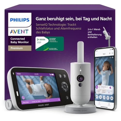 Philips AVENT Premium Connected Babyphone mit Kamera, das bisher Beste Babyphone, Schlaf- und Atmungs-Tracking mit KI, Schrei-Interpretation, DEKRA Zertifiziert privat und sicher, SCD973/26