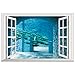 DNVEN Ocean Under Sea Fish False Faux Window Frame Window Mural 3D Full Color Vinyl Bedroom Living Room Playroom Wall Decals Stickers 24 inches x 16 inches