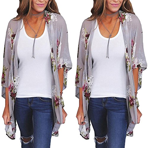 Tootu Women Chiffon Loose Shawl Print Kimono Cardigan Top Cover Up Blouse Beachwear (S, Gray)