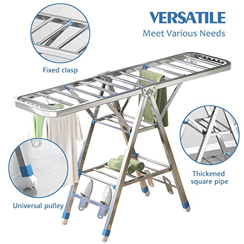 3 Tier Extendable Clothes Drying Rack, 1.8M Compact Stainless Clothes Stand,Winged FreeStanding Laundry Dryer Rack for Drying Clothing Indoor Outdoor,Height-Adjustable Wings,33 Rails,Sock Clips,Wheels