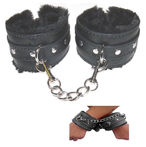 Wrist Restraints Cuffs Faux Fur Lined Cuffs , Black with Black Faux Fur Adjustable Straps and Metal Buckle the Linking Chain Is 5-1/2