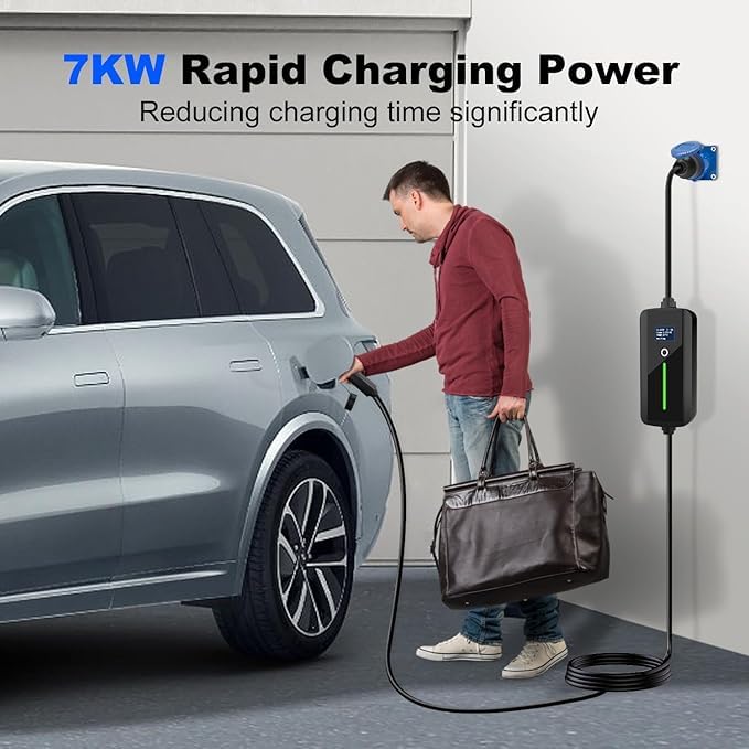 Premium EV Charger Type 1 (J1772) 32A 7kW | 5m Cable | CEE Adapter | Weatherproof | LCD | For Nissan Leaf, Chevy Bolt, Ford, Hyundai Ioniq, Kia, and More Type-1 EVs