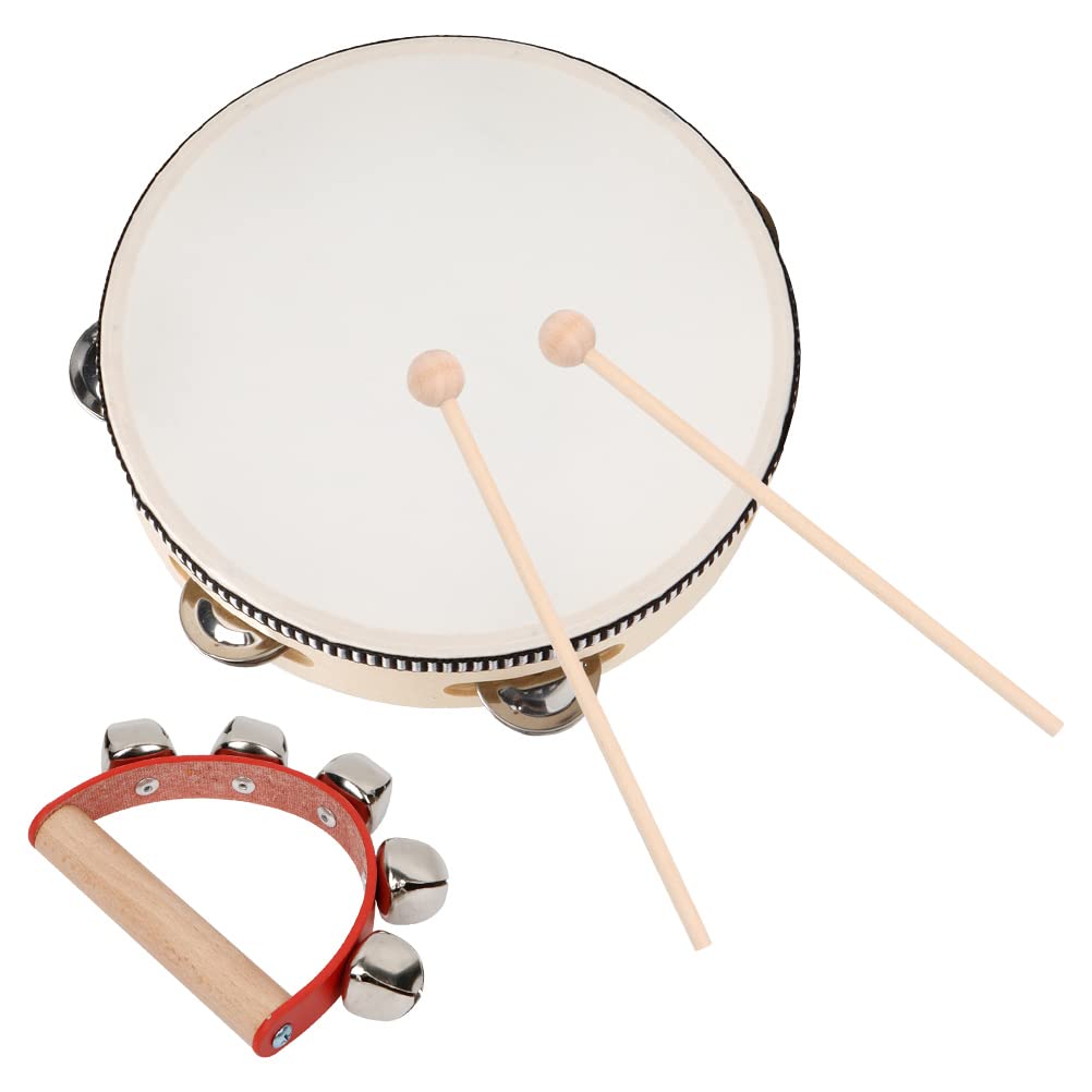 Hand Held Tambourine Drum, 3PCS Wood Tambourines with Jingle Bells & Percussion stick,Half Moon Tambourine 7.8"Tambourine Hand Held Drum,Metal Jingles Percussion Musical Toy for Educational Game