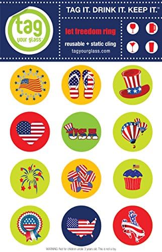 4th of July Freedom - Champagne, Beer &amp; Wine Glass Charms that use static cling. Unique, reusable, attractive drink markers that serve a purpose. Trendy party gift for women &amp; men who have everything