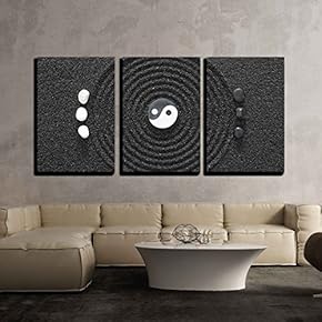 3 Piece Canvas Wall Art - Zen Garden in Black Sand - Modern Home Art Stretched and Framed Ready to Hang - 16"x24"x3 Panels