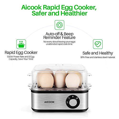Egg Cooker, AICOOK Rapid Egg Boiler 8 Capacity Stainless Steel Electric