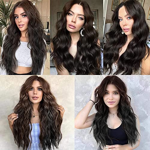 Long Brown Wavy Wig for Women Middle Parting Synthetic Wavy Hair Wigs Long Brown Wig Heat Resistant Hair for Cosplay Daily Party Use (26 Inch, Brown)