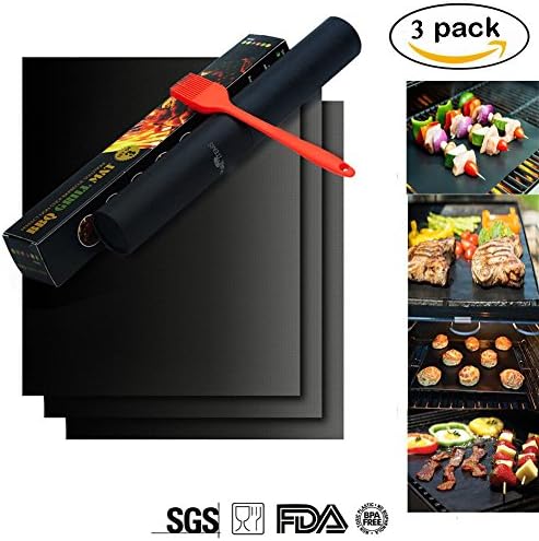 Grill Mats Set &amp; Oven Liner, 100% Non-Stick, BBQ Grill Brush &amp; Baking Mats, FDA Approved, PFOA Free, Reusable and Easy to Clean, For Electric, Gas, Charcoal and More,15.76×12.99 inch