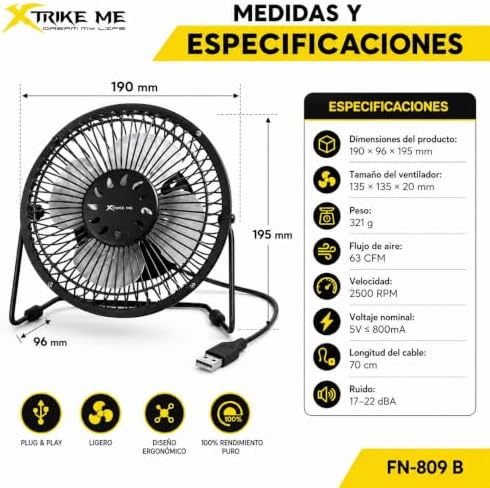 Ventilador personal de metal de 38 W, ventilador de mesa de alta velocidad con 3 aspas de aluminio, 3 velocidades, rejilla de seguridad, inclinación ajustable, (Negro)