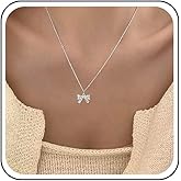 TseanYi Bow Pendant Necklace Silver Bow Knot Pendant Necklace Small Bow Tie Pendant Necklace Tiny Beads Chain Necklace Minimalist Choker Necklace Chain Jewelry for Women and