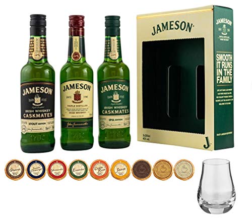 Jameson irischer Whiskey 3 Flaschen je 200ml + 1 Spey Dram Whisky Glas + 9 Edelschokoladen in 9 Sorten
