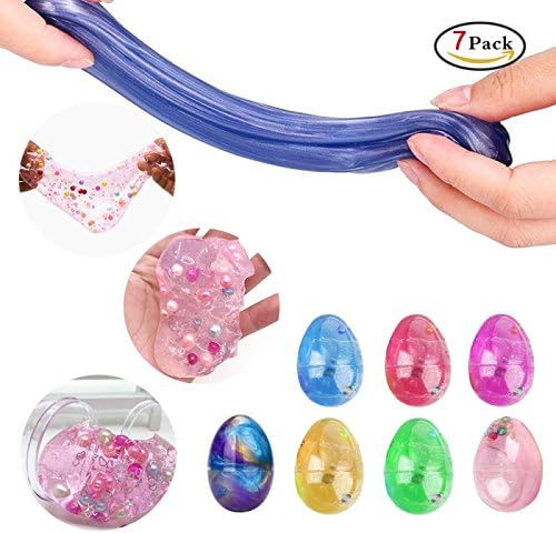 Soft Egg Slime Crystal Putty Colorful Scented Stress Relief and Sludge Toys with Pearl and Beads in Easter Eggs (7 Pack)