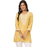 The Red Lion Enterprise Indian Hand Embroidered Chikankari Women's Straight Reyon Short Kurta Kurti Tunic for women (US, Alpha, Large, Regular, Regular, Mustard)