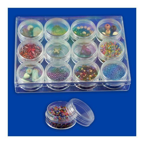 12pc Clear Bead Storage Gem Jars in Display Case - Screw-On Tops - 1-1/2 In. Round