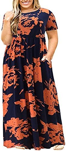 Womens Plus Size Maxi Dresses Short Sleeve Causal Summer Floral Plain Loose T Shirts Long Dress with Pockets