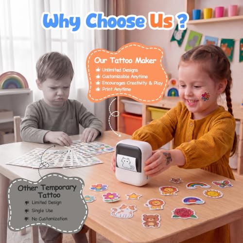 MokoMorrie Temporary Tattoo Maker for Kids, Inkless Thermal Printing AI Custom Temporary Tattoos, Includes 40 Transfer Sheets & Roll, Gift for Boys & Girls Ages 5-12 (Black)