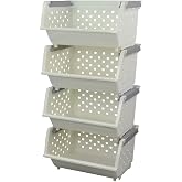 Kekow 4-Pack Plastic Large Stacking Organizer Basket, White | Storage Basket, Stackable Space-Saving Design, Sturdy Plastic Build, Large Capacity Basket, for Home Kitchen Pantry Use
