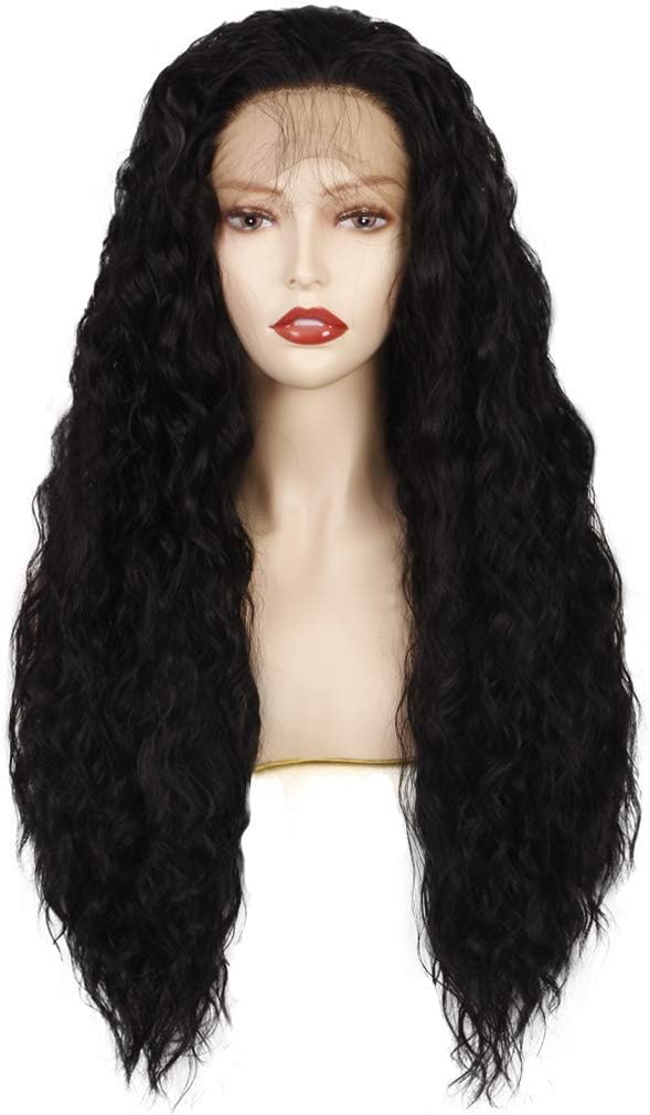 Life Diaries 30% Remy Human Hair+70% Heat Resistant KANEKALON Fiber Black Lace Front Wig Loose Curly Synthetic Half Hand Tied Wig Natural Hairline Wig For Women 24 Inch