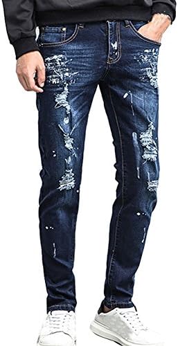 Shunht Men's Fashion Paint Decoration Slim Fit Ripped Jeans Trousers Pencil Pants