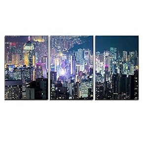 3 Piece Canvas Wall Art - Abstract Futuristic Night Cityscape with Illuminated Skyscrapers - Modern Home Art Stretched and Framed Ready to Hang - 16"x24"x3 Panels