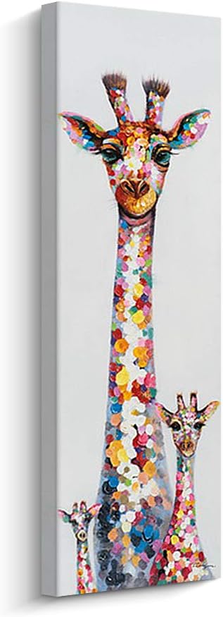 Paintings - Pigort Giraffe Painting Wall Art - Curious Colourful Giraffe Mother and Her Children - Cute Animal Canvas Art for Kid's Room, Modern Home Wall Decor (L)