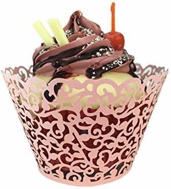 Derker 48 Pcs Laser Cut Cupcake Collars Vine Cupcake Wrappers Wraps Wedding Birthday Baby Shower Party Cupcake Decorations (Pink) by Derker