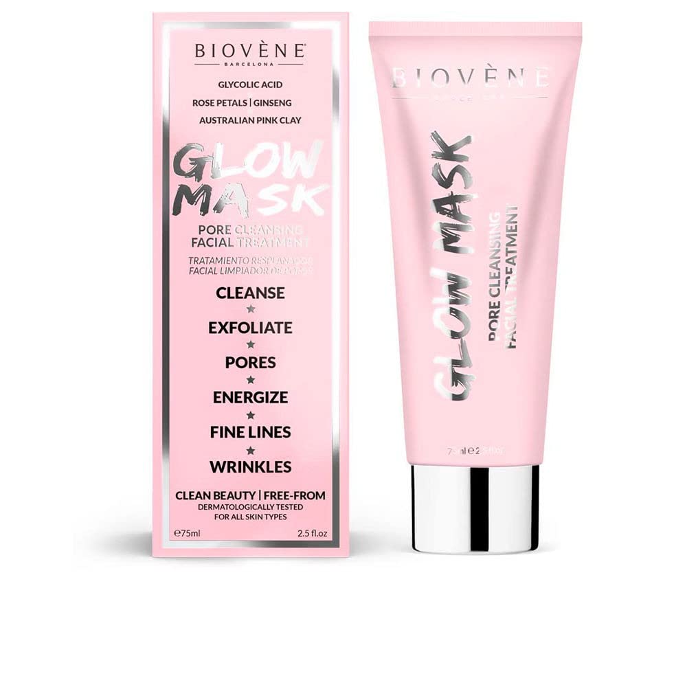 Biovène Holiday Glow Pink Clay Mask - Australian Pink Clay Face Mask - Detoxifies, Exfoliates + Purifies Skin - with Ginseng, Rose Petals + Glycolic Acid - Keeps Skin Soft + Moisturised (75ml)