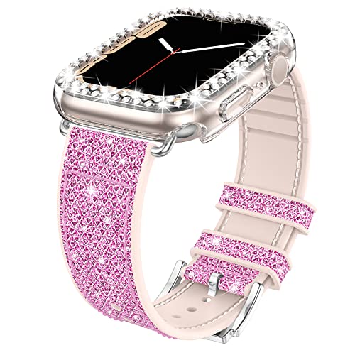 Goton Bling Silicone Band Case Compatible for Apple Watch 41mm with Edge Protector Cover[No Glass], Strap Color Changes with Angle for iWatch Series 9/8/7 41 mm