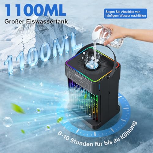 Mobile Air Conditioning, 4-in-1 Mobile Air Conditioning, Fan with Water Cooling, 1100 ml Water Tank, Air Conditioner with 3 Wind Speeds, 7 Colours, Light, 3 Spray Functions, 2-8H Timer for Bedroom