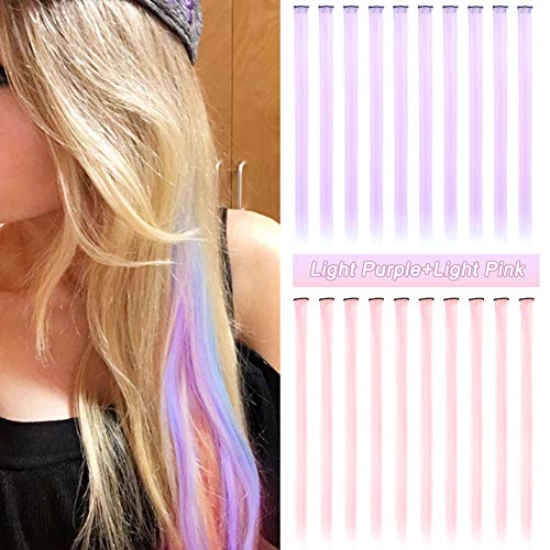 Party Highlights Clip in Colored Hair Extensions 20 Pcs Colorful Hair Extensions Straight Synthetic Hairpieces(Light Pink,Light Purple)