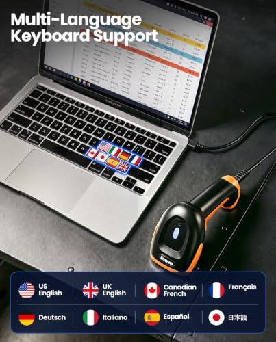 Eyoyo Lecteur Codes Barres 1D 2D, Handheld Wired USB Douchette Code Barre QR PDF417 Data Matrix, Lecteurs de Code Barre with USB Cable for PC Mac pour Mobile Payment Convenience Store...Orange