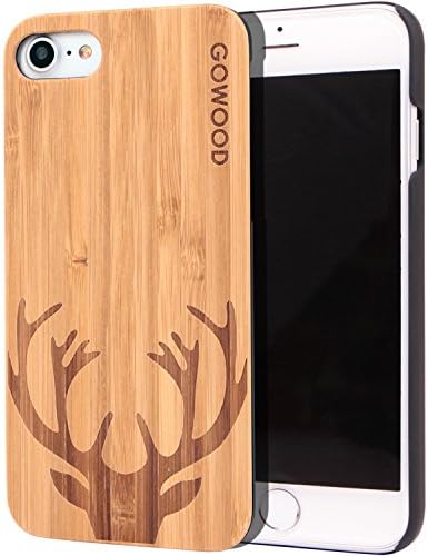 iPhone 7 and 8 Wood Case | Real Natural Bamboo Deer Design Engraved on Backside and Durable Hard Polycarbonate Shockproof Bumper with Shock Absorbing Rubber Coating