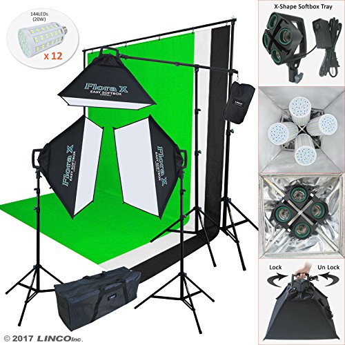Linco Lincostore Photo Studio Lighting Kit With 3 Color Muslin Backdrop Stand Photography Flora X Fluorescent 4-Socket Light Bank and Auto Pop-Up Softbox - Only takes 3 seconds to Set-up AM173