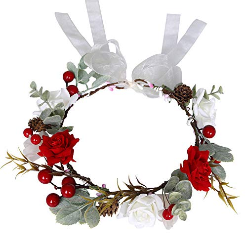 Adjustable Boho red berry Flower Crown Hair Wreath Floral Garland Headband Halo Headpiece with Ribbon Wedding Festival Party