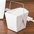 QQOUTLET White Chinese Asian Paper Take Out Box with Wire Handle, Leak and Grease Resistant Stackable to Go Boxes (50, 32OZ)