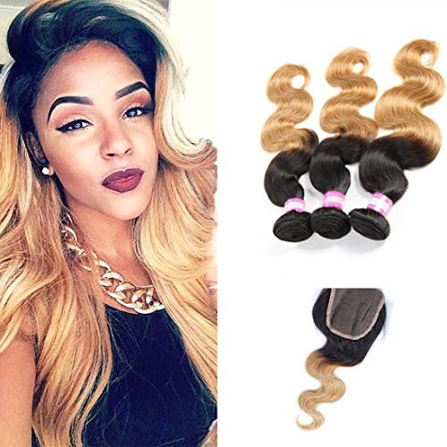 Shengmeiyuan Beauty Show 8-30 Inches Grade 9A Unprocessed Brazilian T1B/27 Ombre body wave Virgin Hair 3 Bundles With Closure Rosa Hair Products Silver Human Hair Extensions (8 10 12 with 10inch)