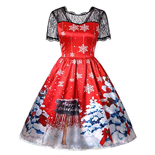 Sunyastor Women Retro Dresses, Short Sleeve Christmas Print Swing Dress Lace Vintage Santa Claus A-Line Dress
