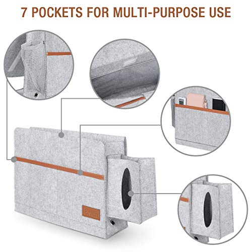 Bivan Bedside Pocket Felt Bedside Caddy Thicken Bedside Hanging Storage Organizer with Tissue Box and Water Bottle Holder, Dorm Bedroom Bed Sofa Storage Bag for Books Pad Phone TV Remote Chargers