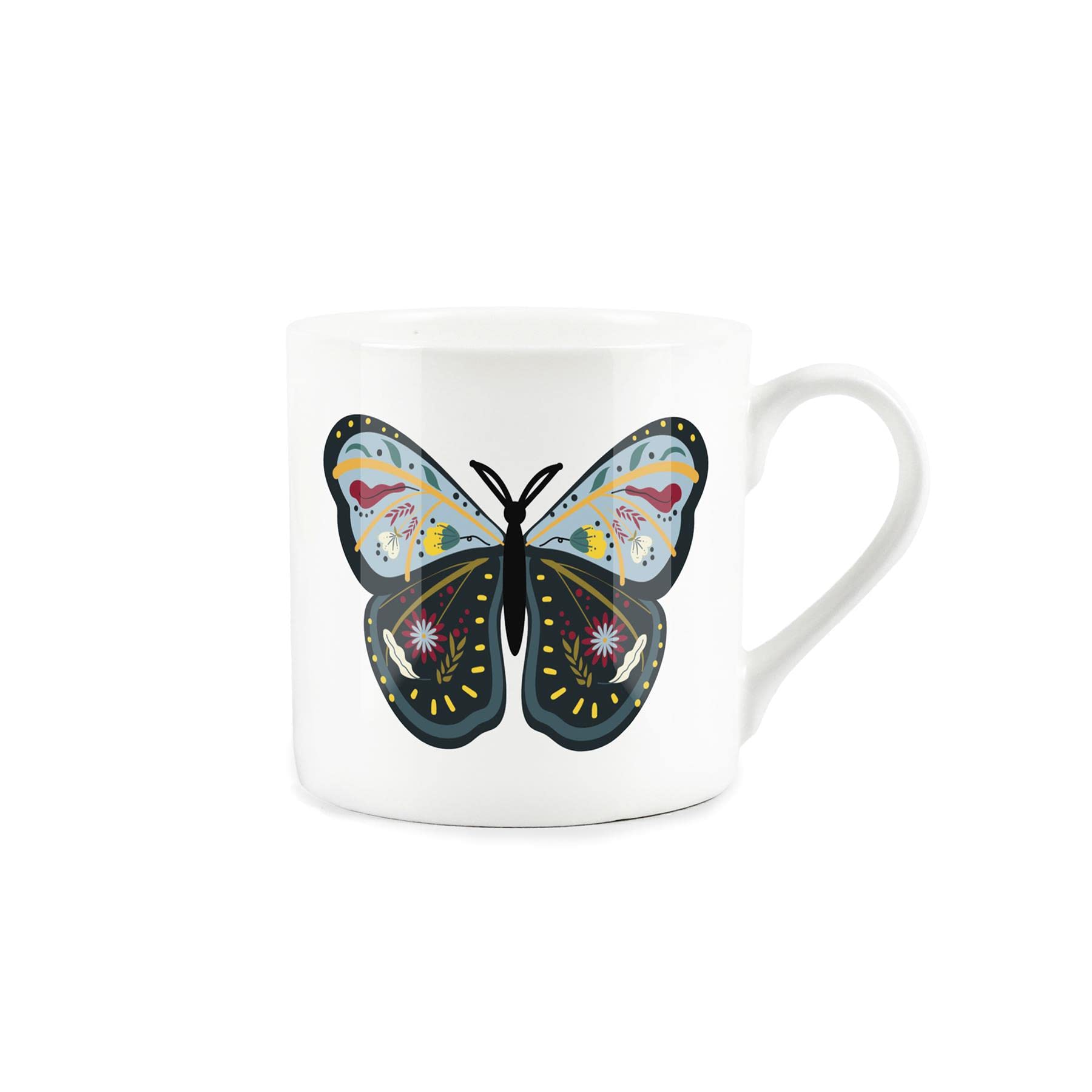Purely Home Green/Blue Rounded Butterfly Mug - Fine Bone China White Garden Coffee/Tea Present Gift for Animal Lovers