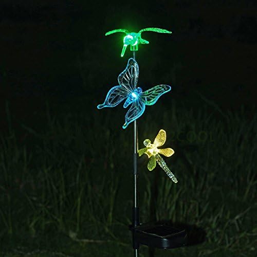 B2COOL Outdoor Solar Garden Hummingbird LED Light, Butterfly &amp; Dragonfly Solar Garden Stake Light, Stainless Steel Stake, Chameleon color Changing Lights for garden party and arts festival