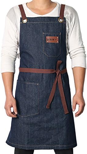 Weeyi Denim Apron with Cross Back Strap Large Pockets for Bar Kitchen Work Shop Studio Artist Suitable for Women and Men (Dark blue)