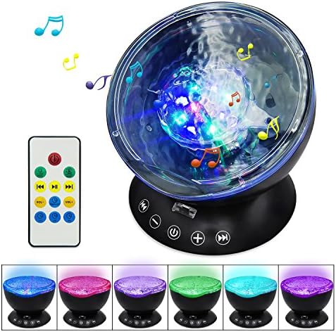 【Newest Design】Testudo Remote Control Ocean Wave Projector 12 LED &amp;7 Colors Night Light with Built-in Mini Music Player，Star Projector for Baby Kids Adults Living Room and Bedroom (Black)