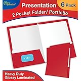 New Generation - RED - 2 Pocket Folder Durable Heavy Duty UV Glossy Laminated, Business Presentation Portfolio Hold Letter Size sheets with a die-cut business card holder ,6 Folders per Pack (RED)