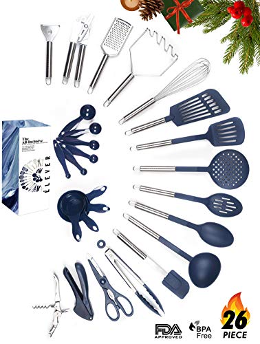 Kitchen Utensil Set - 26 Nonstick Stainless Steel Kitchen Gadgets & Tool Set. BPA Free Cooking Utensils Cookware Set. Spatula, Potato Masher, Tongs. Best Kitchen Utensils Gifts For Him Her - ÉLEVER
