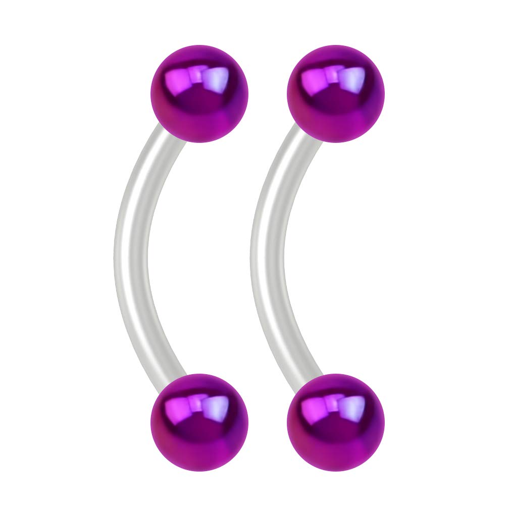 Bling Piercing 2pc 16g Flexible Bioflex Curved Barbell 3mm Purple AB Ball 8mm 5/16 Bioplast J-Curve Bent Banana Bar