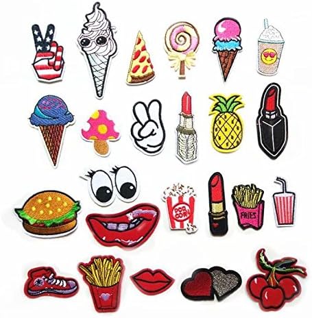 24 Pcs Iron On Embroidered Patch Set -Finger Palm Tree Ice Cream Hamburger Pineapple Mushroom Pineapple Lipstick French Fries Food Patch