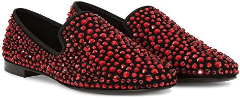Fulinken Leather Slip on Rhinestone Loafers Rivet Dress Shoes Glitter Loafers (11, Red)