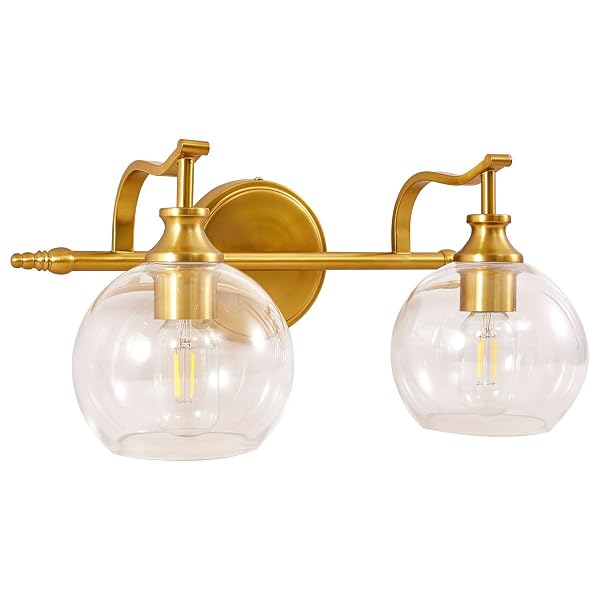 ANDY STAR GOLD BATHROOM LIGHT FIXTURES, 2-LIGHT BRASS VANITY LIGHT, MODERN SCONCES WITH GLOBE CLEAR LAMPSHADE, FARMHOUSE BATHROOM LIGHTING FIXTURES OVER MIRROR WITH METAL LAMP BODY, E26 BASE